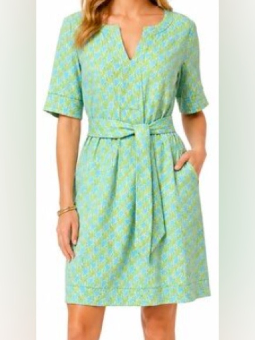 Lilly Pulitzer Blue & Green Geometric V-Neck Tie silk Jersey Dress - Size 12